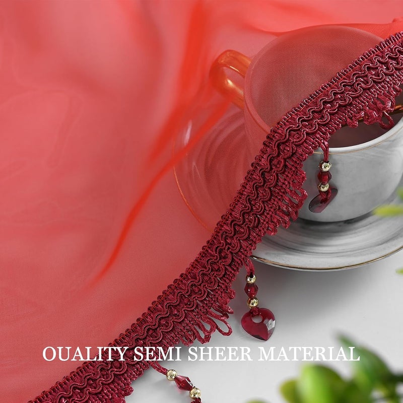 PearAge Beaded Sheer Valance Curtains for Living Room,Rod Pocket Farmhouse Window Valance, Bead Trim Tassel Voile Sheer Curtain Valance for Bedroom Bathroom Cafe 51x24 Inches (Red) 1PC - Image 3